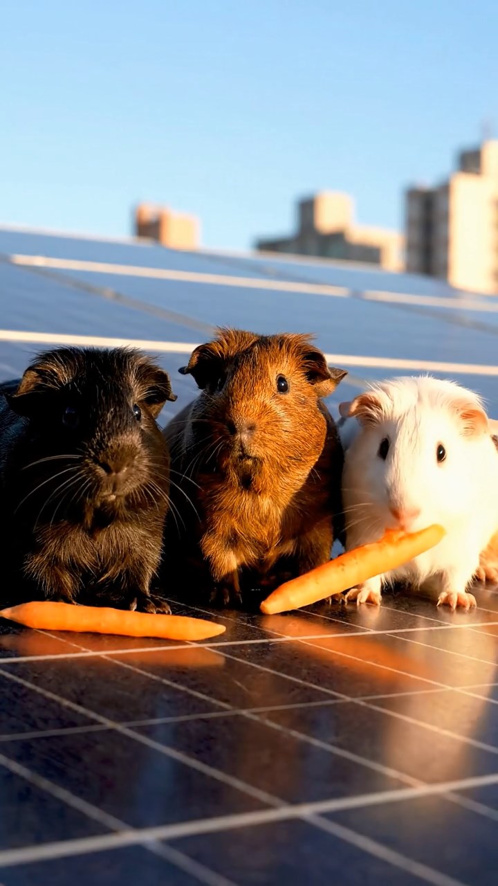 1096. Photorealistic image of 3 smooth-haired Texel guinea pigs with brown, cream, and fawn fur, chewing on spinach bunches, in a spooky Victorian haunted house hallway.