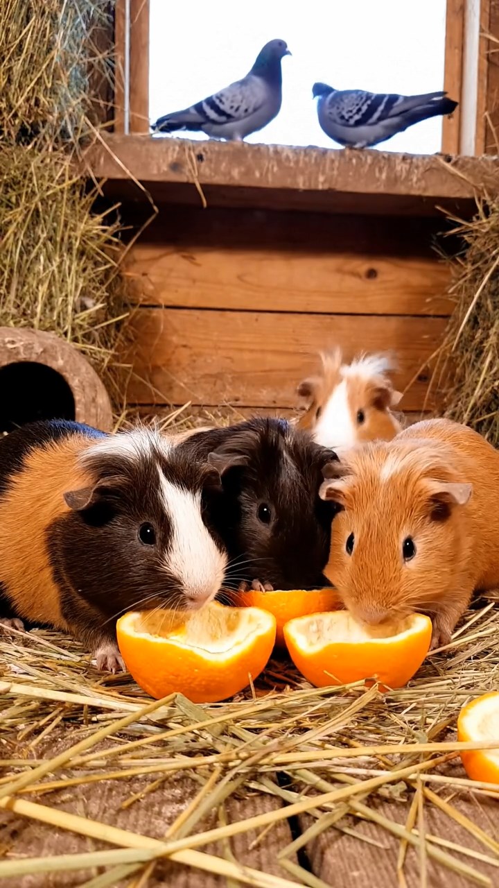 1096. Photorealistic image of 3 smooth-haired Texel guinea pigs with brown, cream, and fawn fur, chewing on spinach bunches, in a spooky Victorian haunted house hallway.