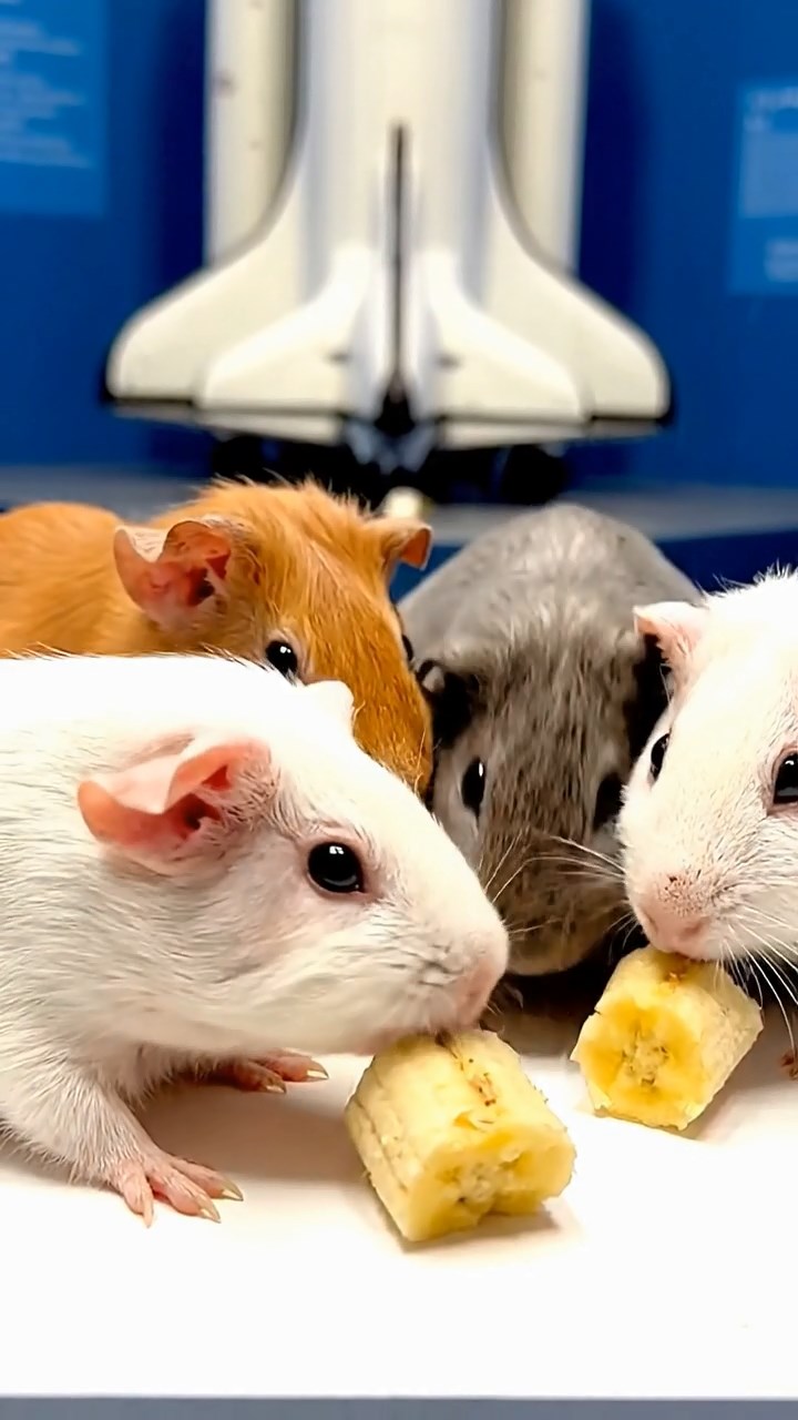 1096. Photorealistic image of 3 smooth-haired Texel guinea pigs with brown, cream, and fawn fur, chewing on spinach bunches, in a spooky Victorian haunted house hallway.
