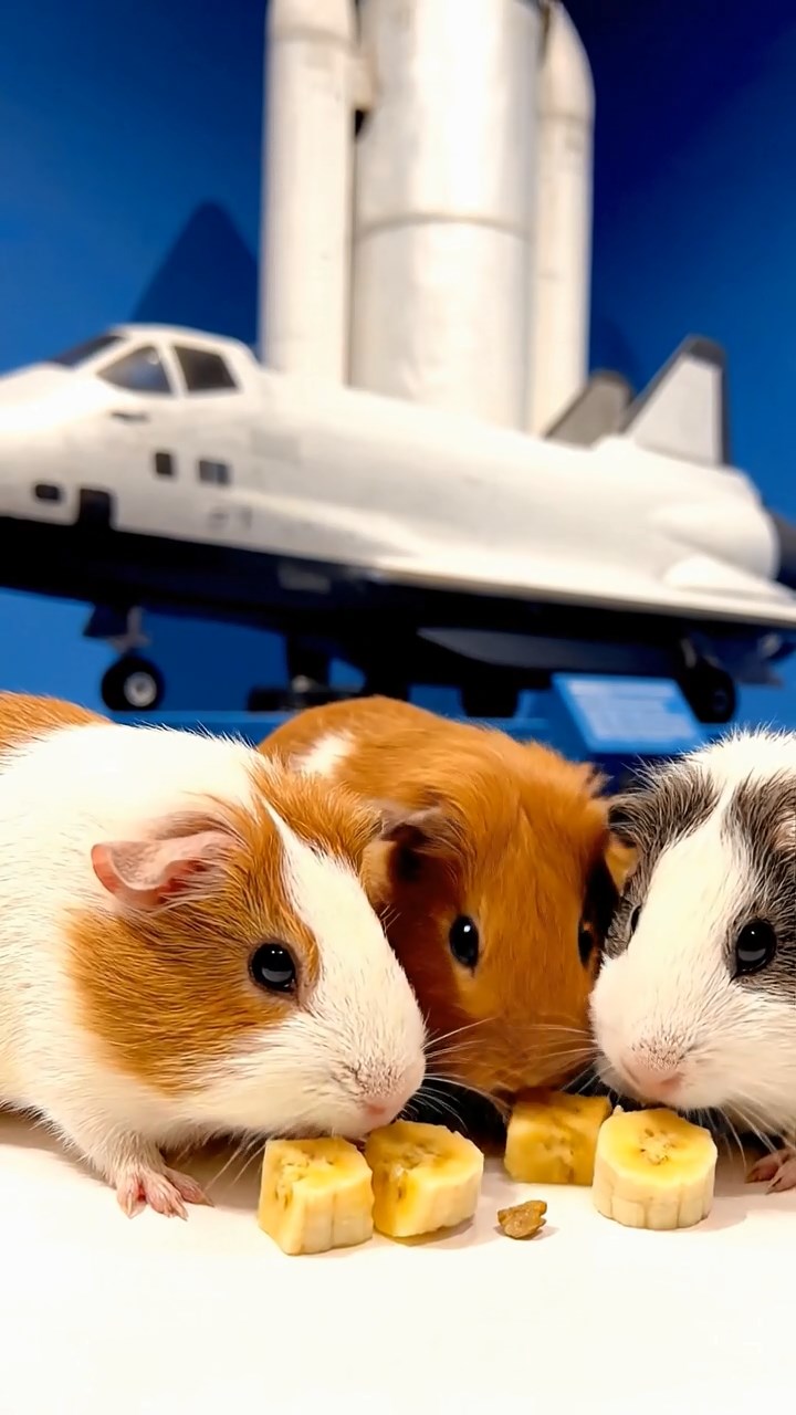 1096. Photorealistic image of 3 smooth-haired Texel guinea pigs with brown, cream, and fawn fur, chewing on spinach bunches, in a spooky Victorian haunted house hallway.