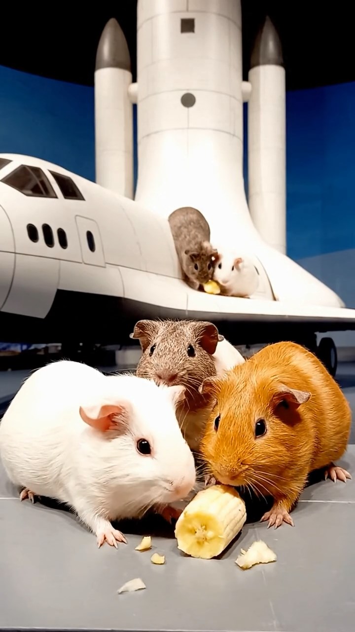 1097. Realistic scene of 5 smooth-haired Rex guinea pigs featuring chocolate, cinnamon, and sable coats, sharing zucchini flowers, inside a adventure whitewater kayak on rapids.