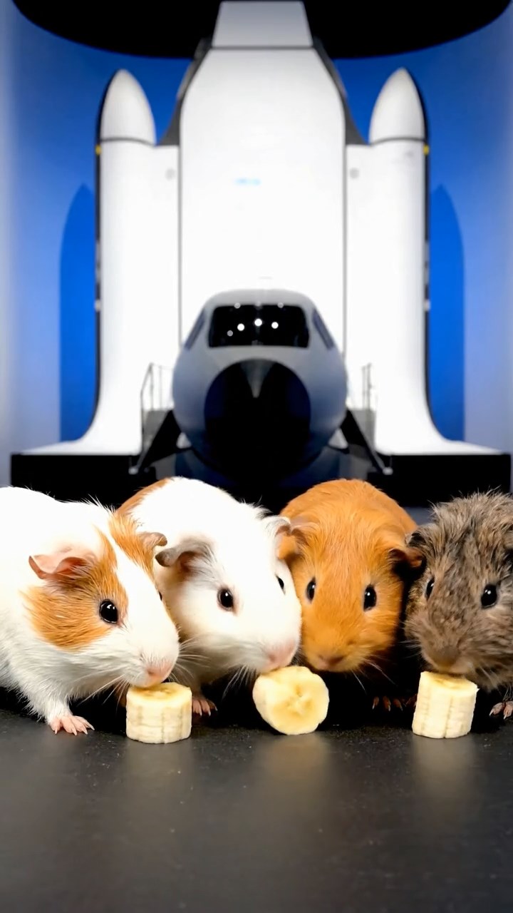 1097. Realistic scene of 5 smooth-haired Rex guinea pigs featuring chocolate, cinnamon, and sable coats, sharing zucchini flowers, inside a adventure whitewater kayak on rapids.