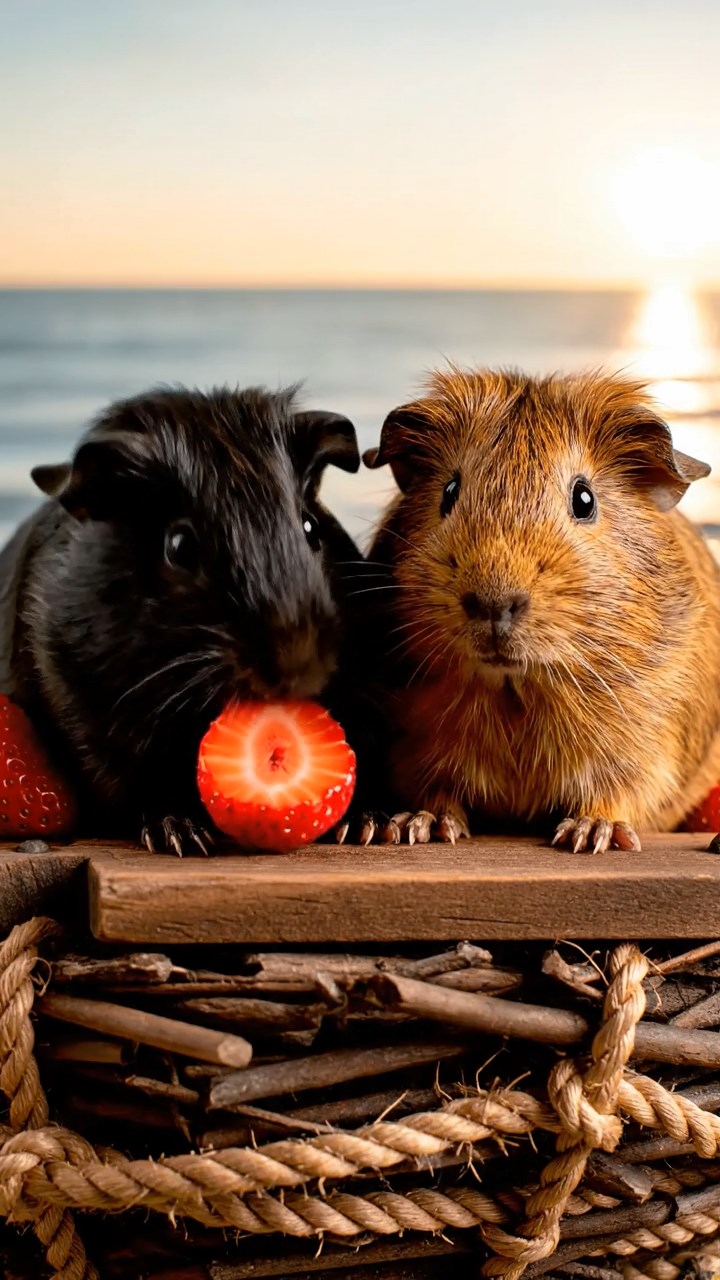 1097. Realistic scene of 5 smooth-haired Rex guinea pigs featuring chocolate, cinnamon, and sable coats, sharing zucchini flowers, inside a adventure whitewater kayak on rapids.