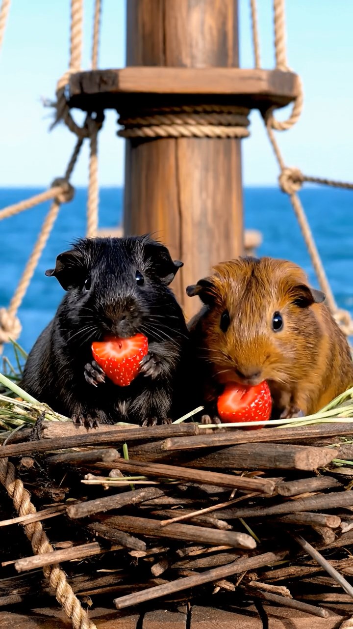1097. Realistic scene of 5 smooth-haired Rex guinea pigs featuring chocolate, cinnamon, and sable coats, sharing zucchini flowers, inside a adventure whitewater kayak on rapids.