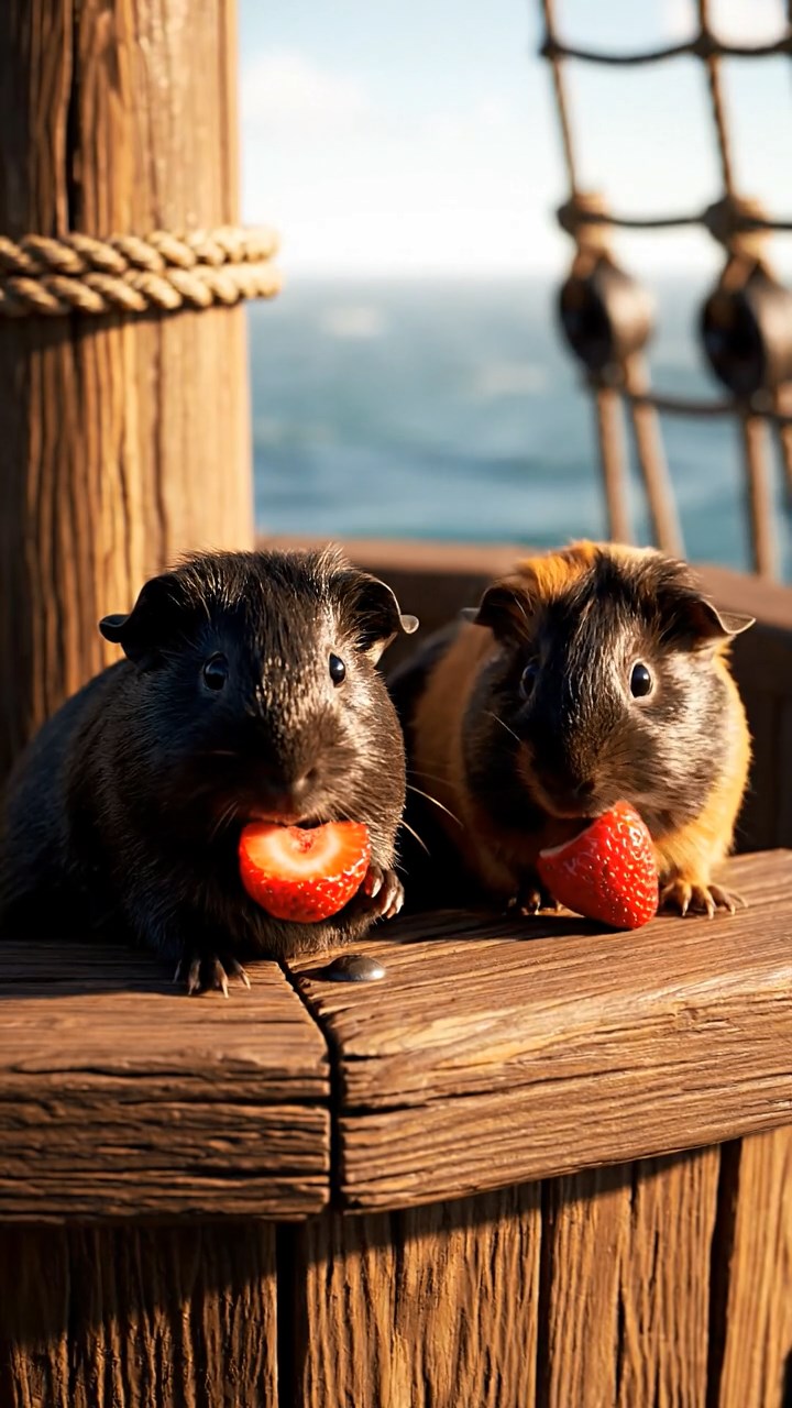 1098. Highly detailed view of 1 smooth-haired Coronet guinea pig with white fur, munching on alfalfa sprouts, on a shallow Great Barrier Reef coral formation.
