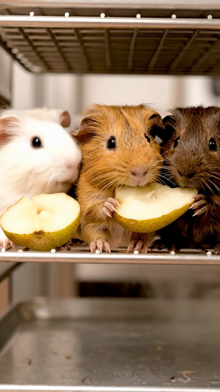 1098. Highly detailed view of 1 smooth-haired Coronet guinea pig with white fur, munching on alfalfa sprouts, on a shallow Great Barrier Reef coral formation.