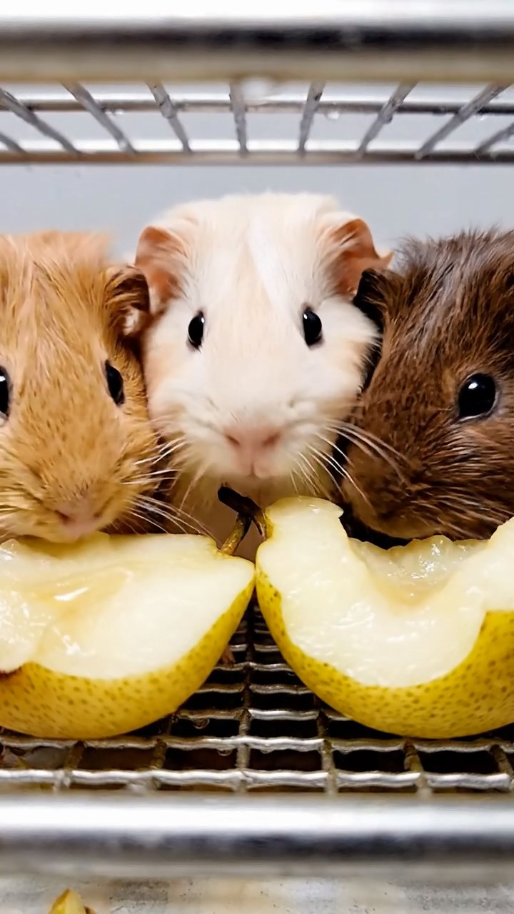 1098. Highly detailed view of 1 smooth-haired Coronet guinea pig with white fur, munching on alfalfa sprouts, on a shallow Great Barrier Reef coral formation.