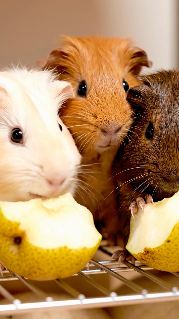 1099. Photorealistic photo of 4 smooth-haired White Crested guinea pigs with orange, gray, and black fur, eating grape vines, at the base of a massive Dutch wind turbine.