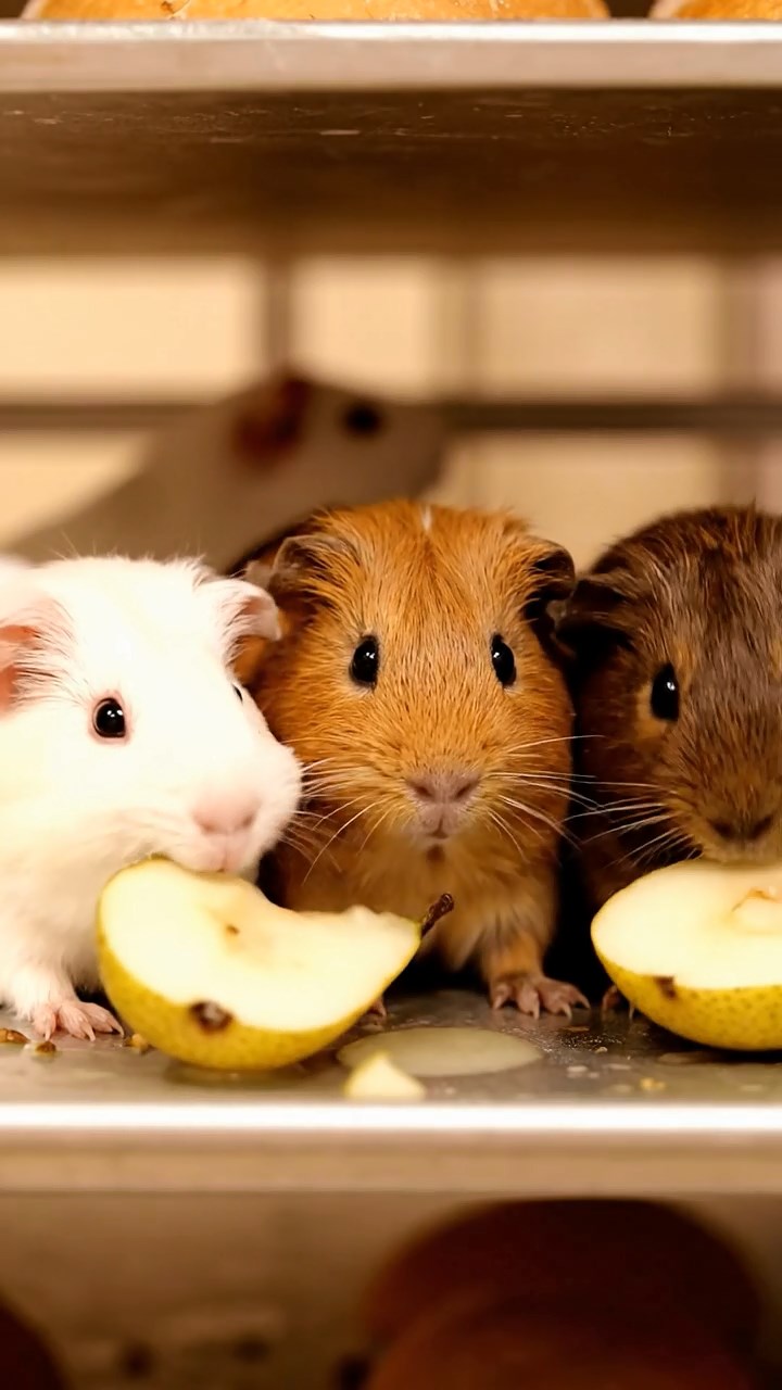1099. Photorealistic photo of 4 smooth-haired White Crested guinea pigs with orange, gray, and black fur, eating grape vines, at the base of a massive Dutch wind turbine.