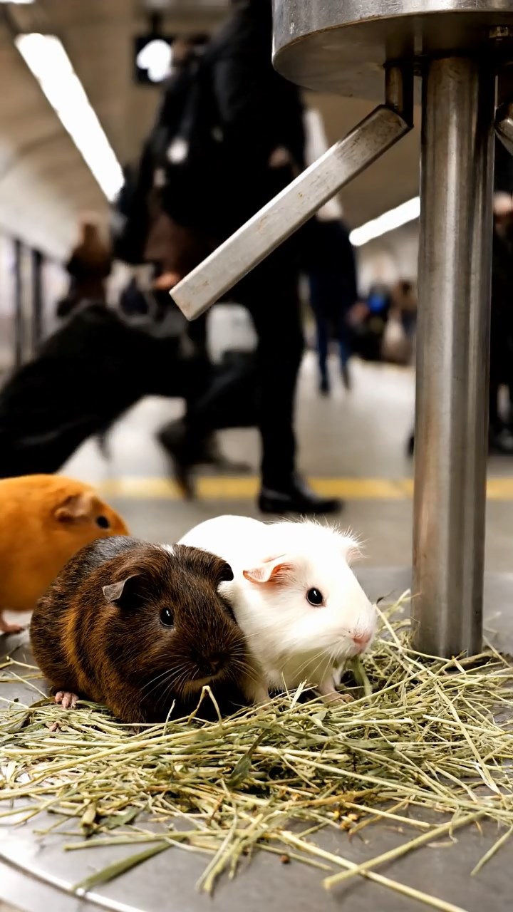 1100. Realistic depiction of 2 smooth-haired Skinny guinea pigs in brown and cream colors, nibbling on pineapple leaves, inside a antique museum glass artifact display case.