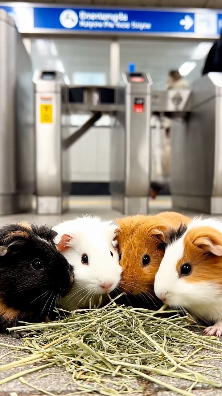 1100. Realistic depiction of 2 smooth-haired Skinny guinea pigs in brown and cream colors, nibbling on pineapple leaves, inside a antique museum glass artifact display case.