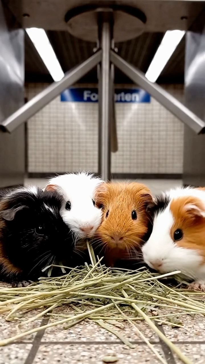 1101. A realistic close-up photo of 3 smooth-haired American guinea pigs with white, orange, and gray fur, eagerly munching on fresh lettuce leaves, in a mystical bamboo rainforest with towering stalks and exotic birds perched above under filtered green light.