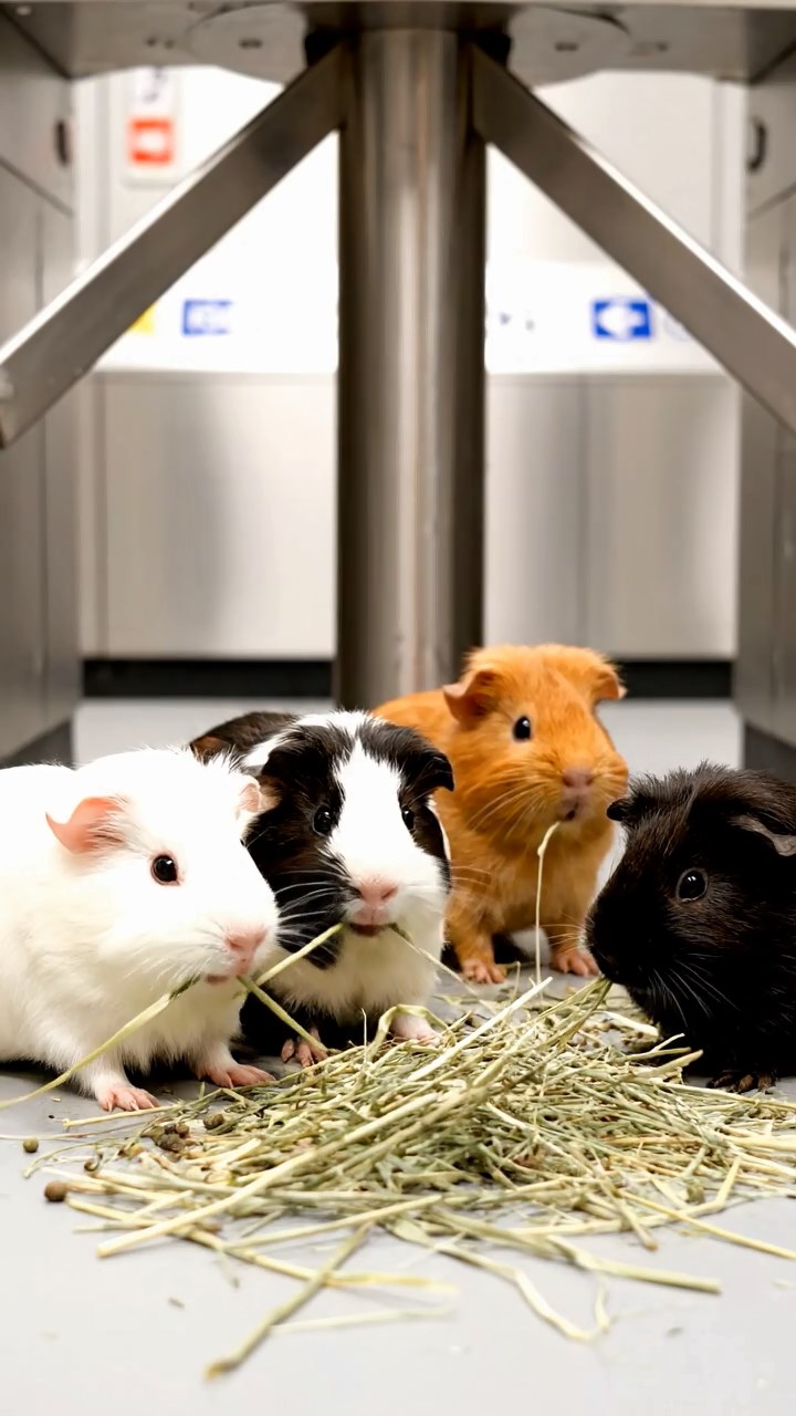1101. A realistic close-up photo of 3 smooth-haired American guinea pigs with white, orange, and gray fur, eagerly munching on fresh lettuce leaves, in a mystical bamboo rainforest with towering stalks and exotic birds perched above under filtered green light.
