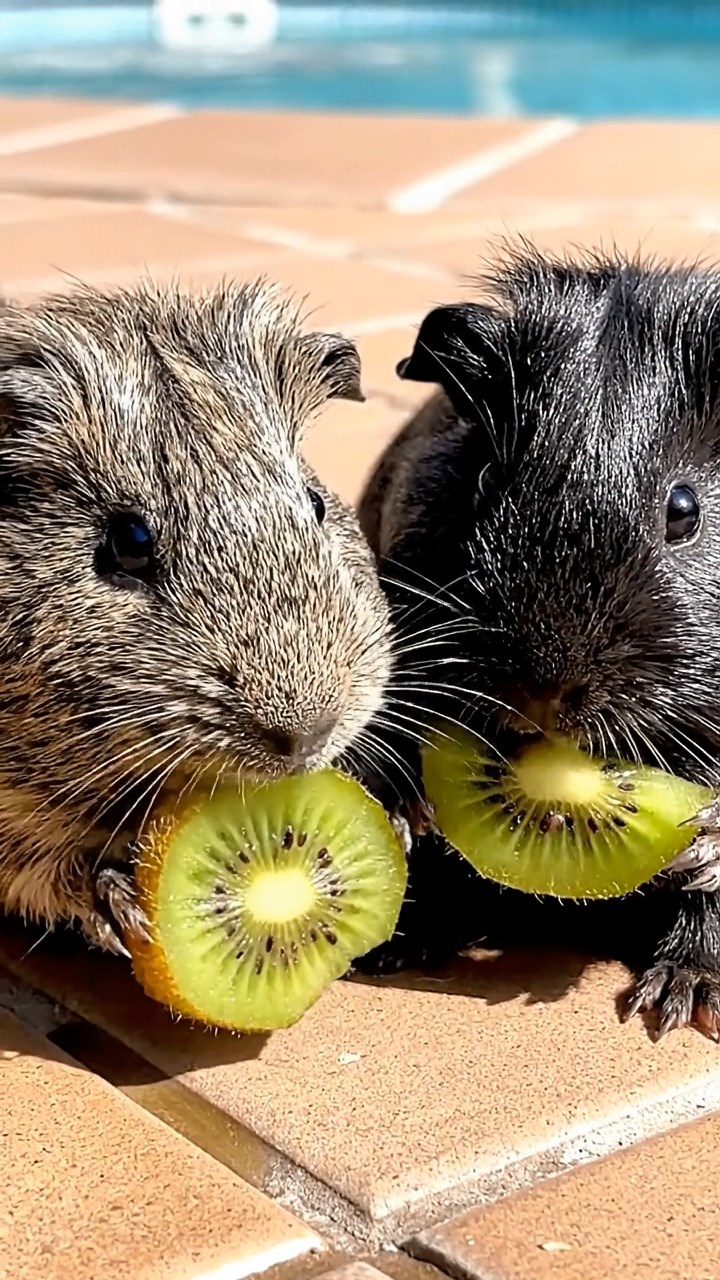 1102. Highly detailed realistic image of 2 smooth-haired Abyssinian guinea pigs featuring black and brown coats, nibbling on apple slices, on a rugged arctic ice floe with penguins waddling nearby and northern lights shimmering.