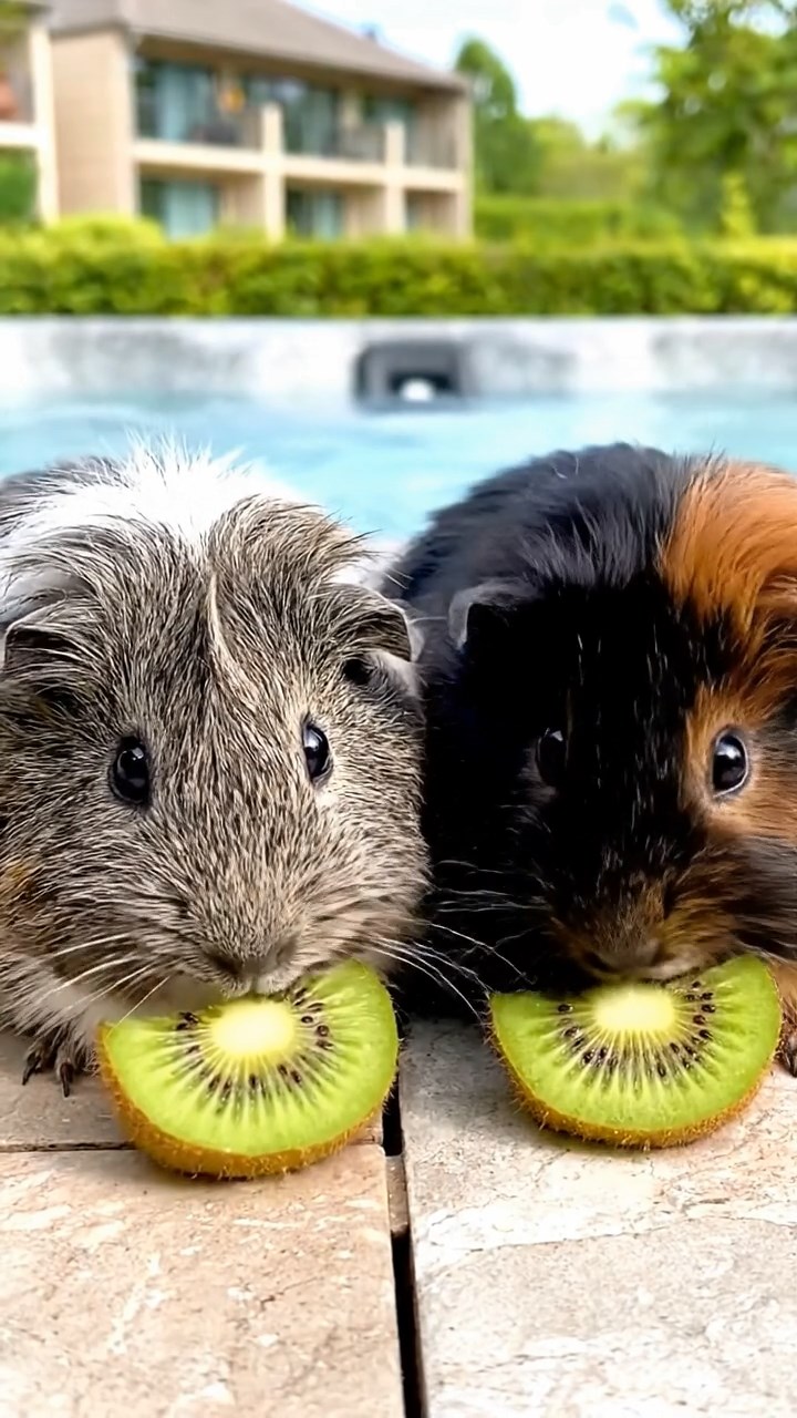 1102. Highly detailed realistic image of 2 smooth-haired Abyssinian guinea pigs featuring black and brown coats, nibbling on apple slices, on a rugged arctic ice floe with penguins waddling nearby and northern lights shimmering.