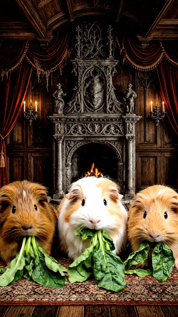 1102. Highly detailed realistic image of 2 smooth-haired Abyssinian guinea pigs featuring black and brown coats, nibbling on apple slices, on a rugged arctic ice floe with penguins waddling nearby and northern lights shimmering.