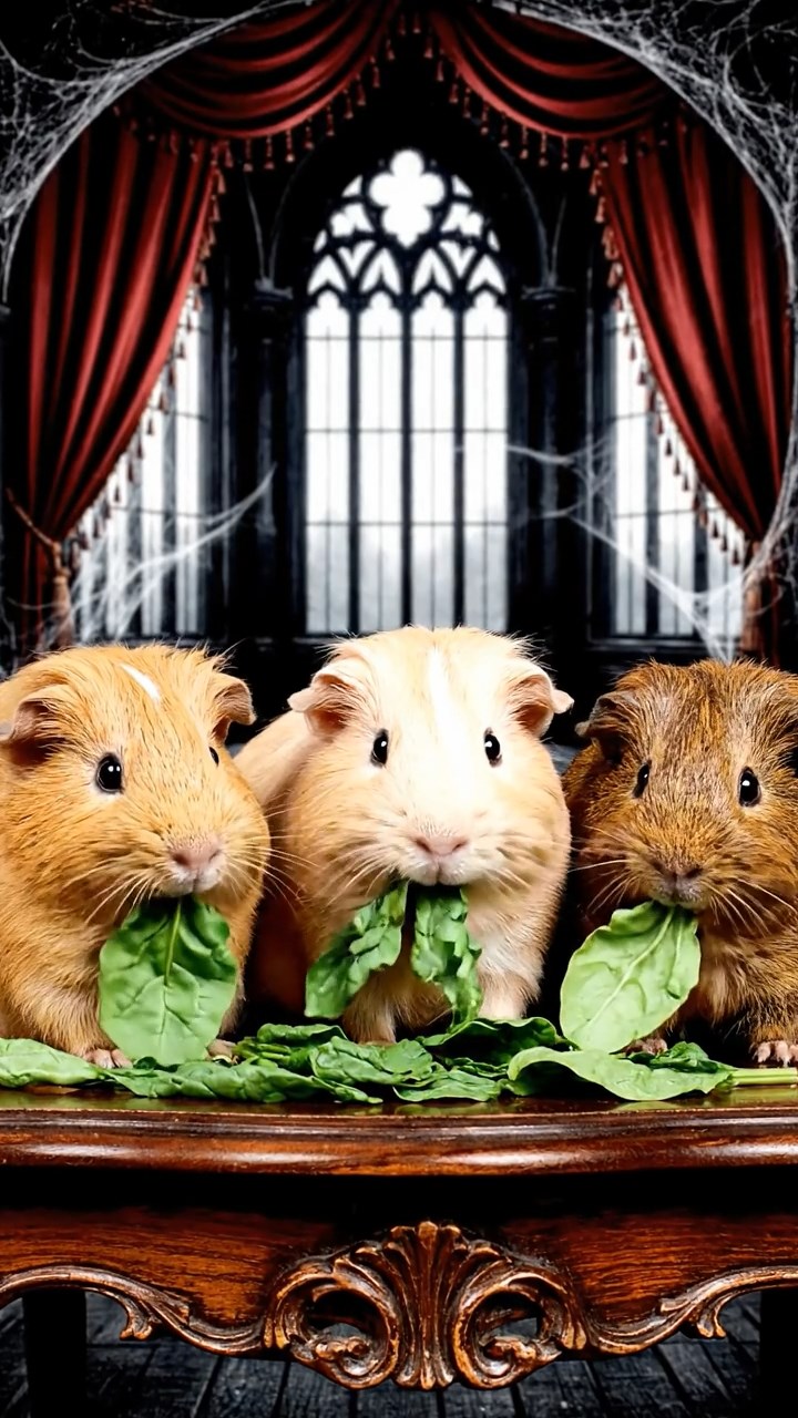 1102. Highly detailed realistic image of 2 smooth-haired Abyssinian guinea pigs featuring black and brown coats, nibbling on apple slices, on a rugged arctic ice floe with penguins waddling nearby and northern lights shimmering.