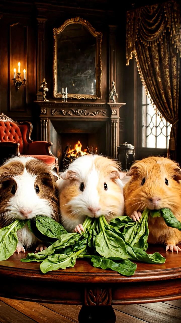 1103. Photorealistic scene of 4 smooth-haired Peruvian guinea pigs with cream, fawn, and chocolate fur, eating dried timothy hay, inside a sunken shipwreck with barnacles and schools of fish swimming through portholes.