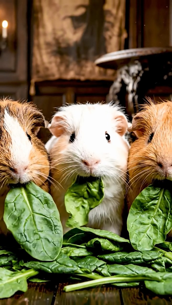 1103. Photorealistic scene of 4 smooth-haired Peruvian guinea pigs with cream, fawn, and chocolate fur, eating dried timothy hay, inside a sunken shipwreck with barnacles and schools of fish swimming through portholes.