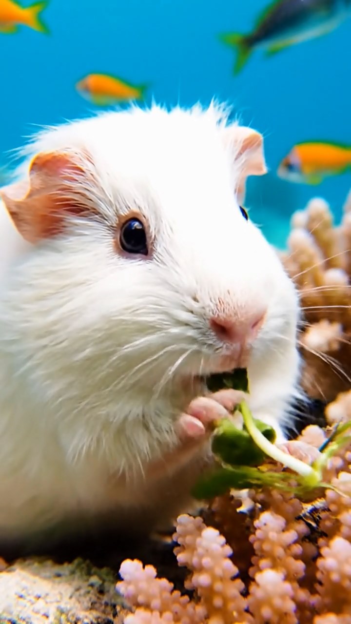 1104. Realistic depiction of 1 smooth-haired Silkie guinea pig with cinnamon fur, chewing on spinach leaves, in a futuristic sci-fi city plaza with holographic ads and flying drones overhead.