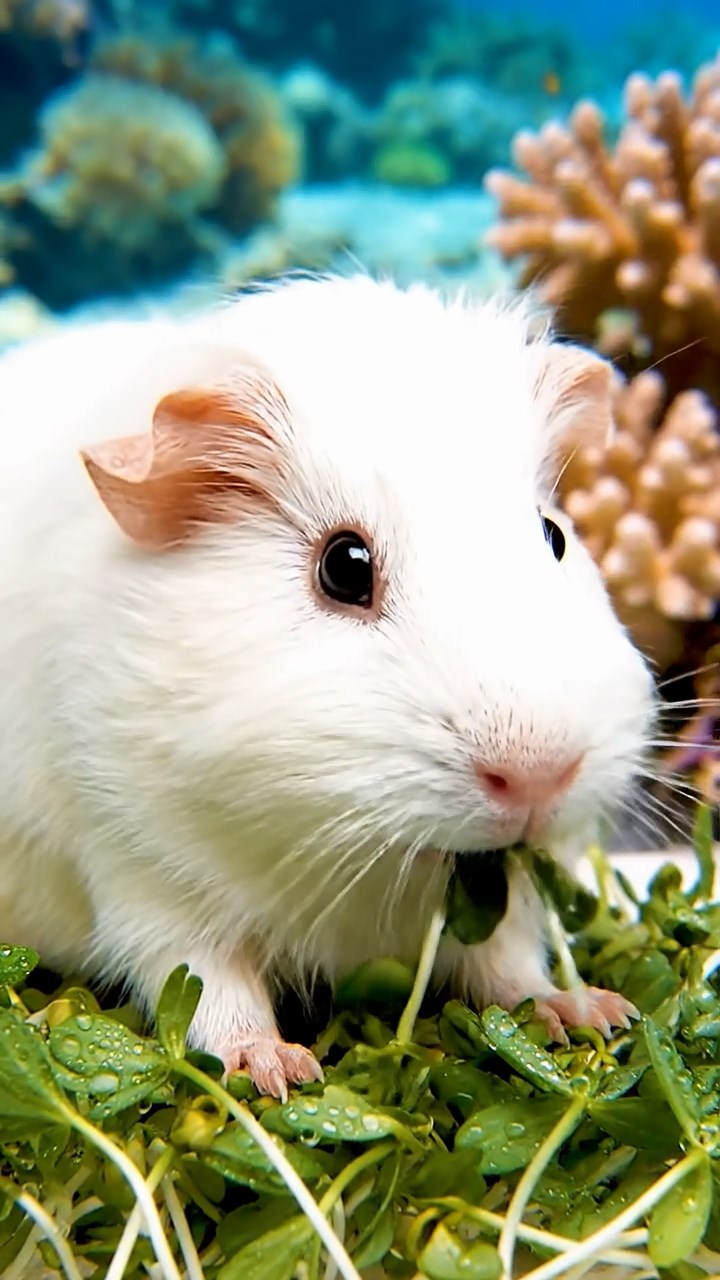 1104. Realistic depiction of 1 smooth-haired Silkie guinea pig with cinnamon fur, chewing on spinach leaves, in a futuristic sci-fi city plaza with holographic ads and flying drones overhead.