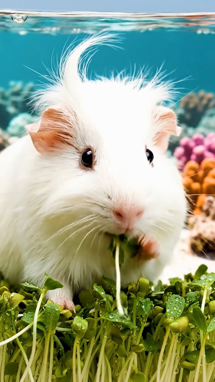 1105. Detailed realistic photo of 5 smooth-haired Teddy guinea pigs in sable, white, and orange colors, sharing kale greens, on a ancient Egyptian pyramid summit with hieroglyphs and desert vistas.