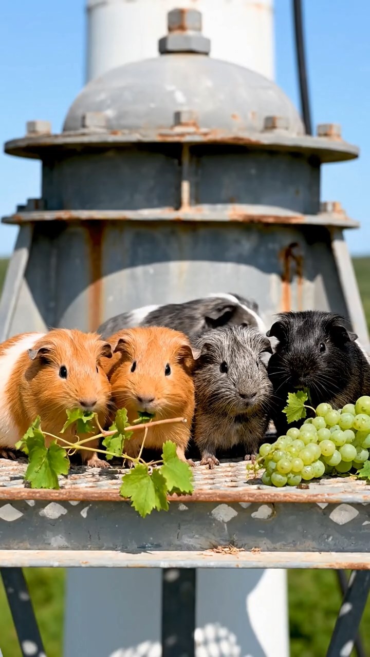1105. Detailed realistic photo of 5 smooth-haired Teddy guinea pigs in sable, white, and orange colors, sharing kale greens, on a ancient Egyptian pyramid summit with hieroglyphs and desert vistas.