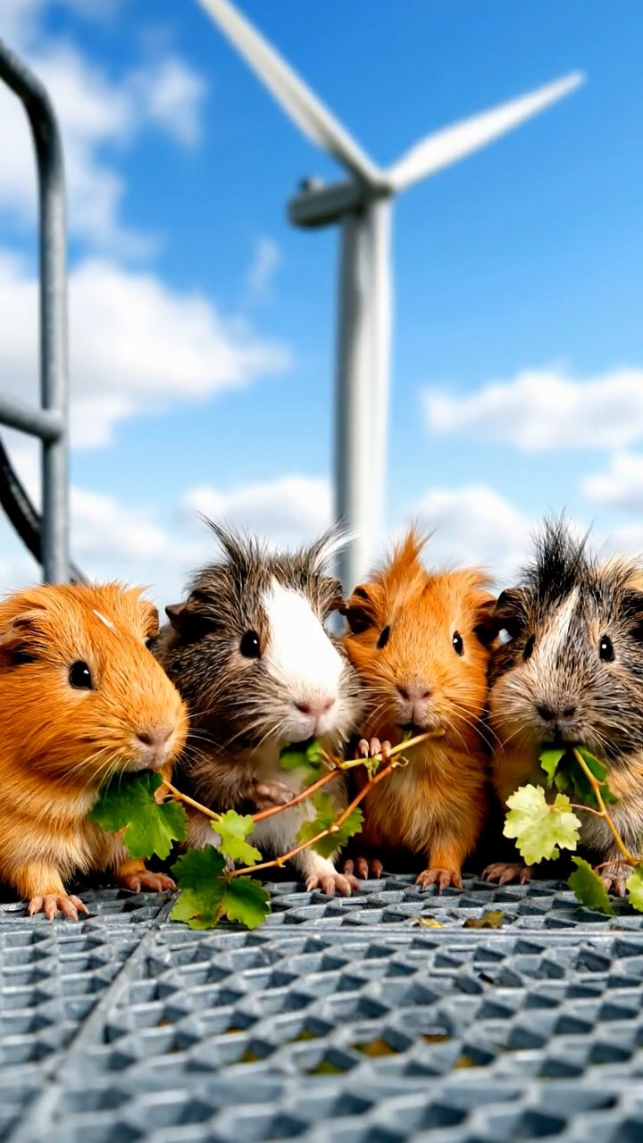 1106. Photorealistic view of 2 smooth-haired Texel guinea pigs with gray and black fur, enjoying strawberry halves, amid a blooming cherry blossom grove with pink petals drifting in the wind.