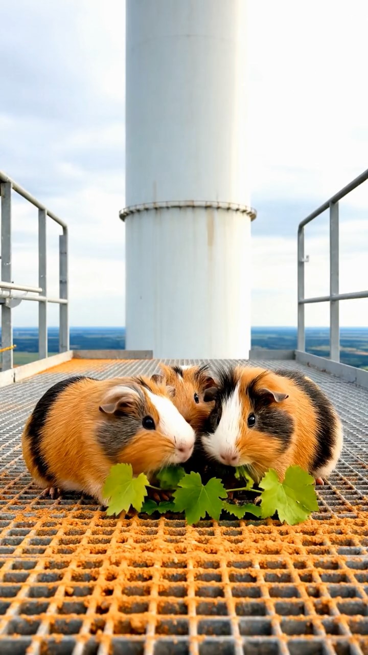 1106. Photorealistic view of 2 smooth-haired Texel guinea pigs with gray and black fur, enjoying strawberry halves, amid a blooming cherry blossom grove with pink petals drifting in the wind.