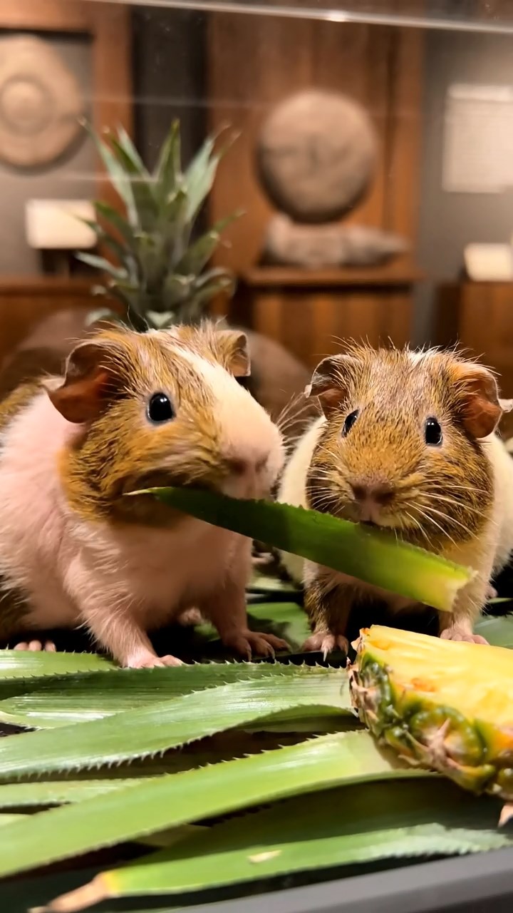 1106. Photorealistic view of 2 smooth-haired Texel guinea pigs with gray and black fur, enjoying strawberry halves, amid a blooming cherry blossom grove with pink petals drifting in the wind.