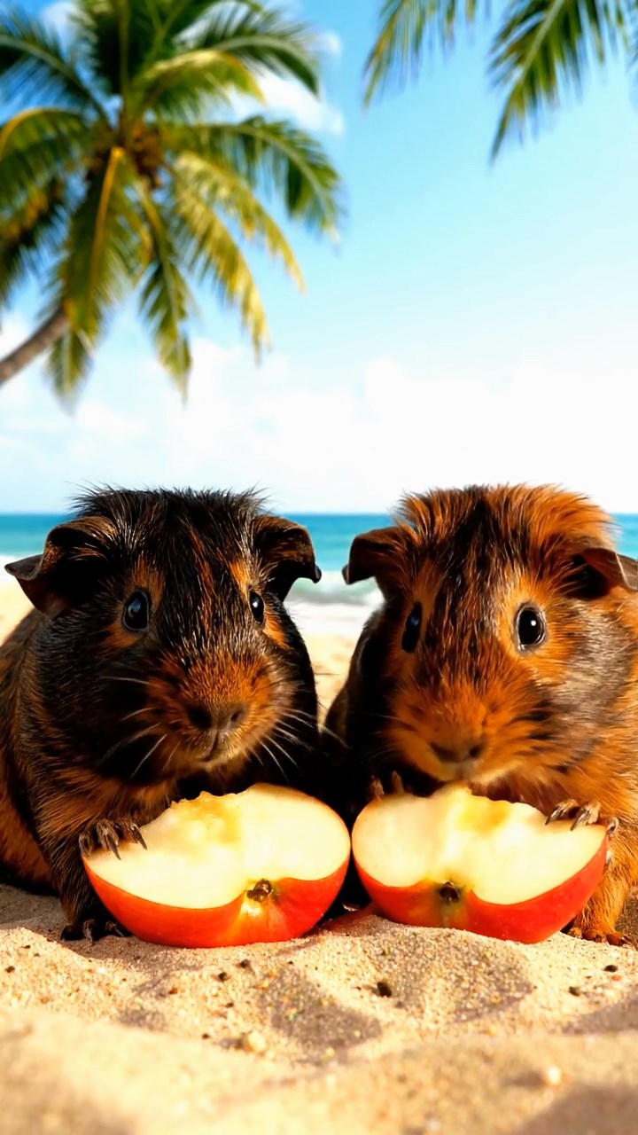 1108. Highly detailed scene of 1 smooth-haired Coronet guinea pig with chocolate fur, nibbling on banana slices, on a vibrant Rio carnival float with feathers and samba dancers around.