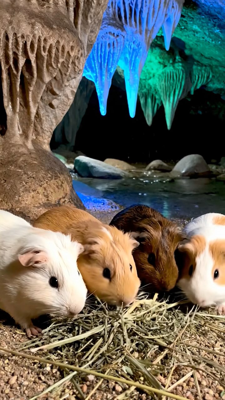 1109. Photorealistic photo of 4 smooth-haired White Crested guinea pigs with cinnamon, sable, and white fur, eating alfalfa hay, in a deep ocean trench with bioluminescent creatures glowing.