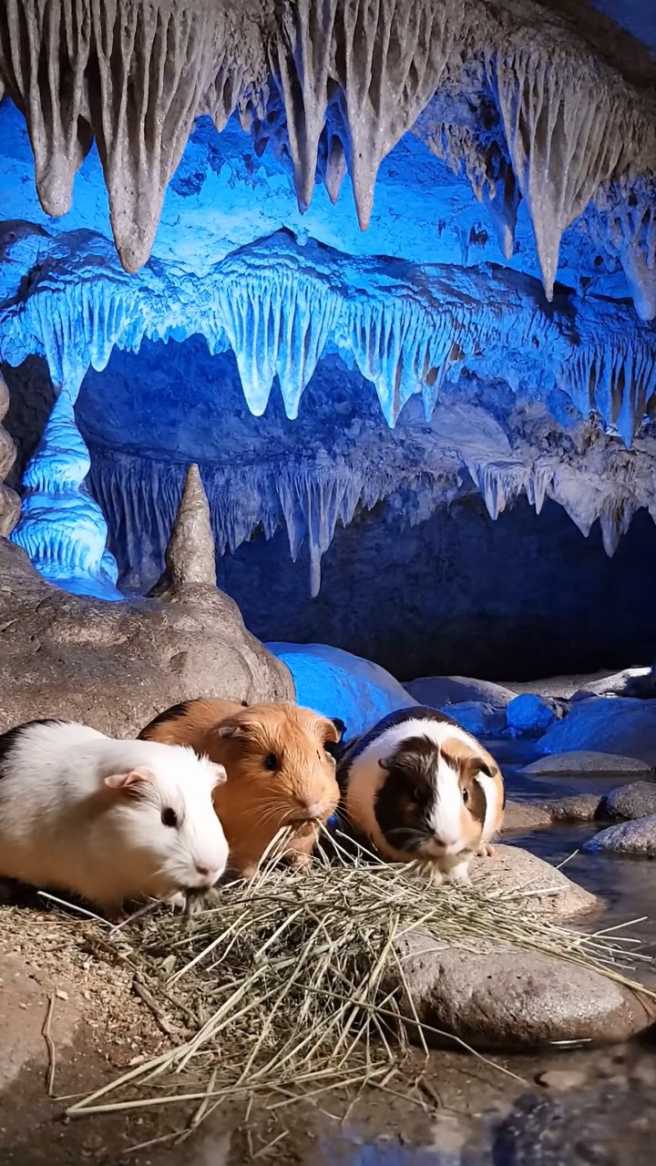 1110. Realistic depiction of 2 smooth-haired Skinny guinea pigs in orange and gray colors, chewing on cucumber slices, inside a cozy Hobbit hole burrow with round doors and earthen walls.
