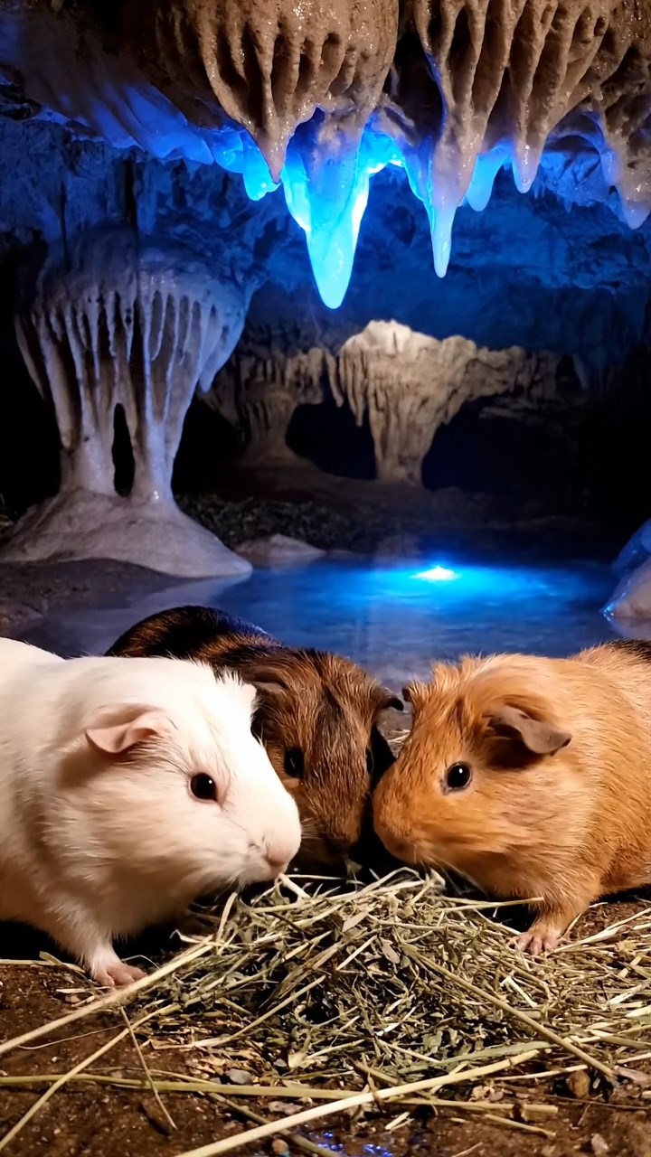 1110. Realistic depiction of 2 smooth-haired Skinny guinea pigs in orange and gray colors, chewing on cucumber slices, inside a cozy Hobbit hole burrow with round doors and earthen walls.