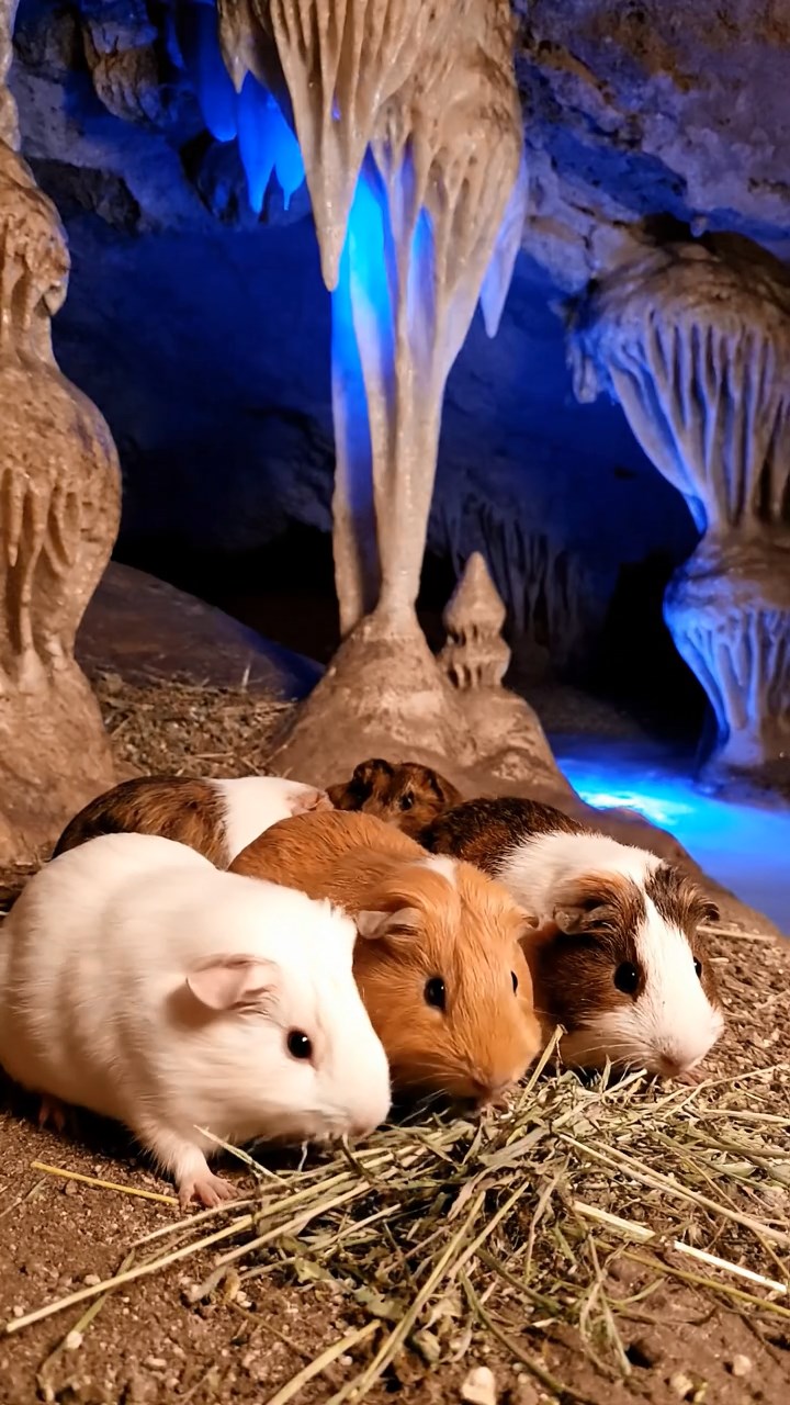 1110. Realistic depiction of 2 smooth-haired Skinny guinea pigs in orange and gray colors, chewing on cucumber slices, inside a cozy Hobbit hole burrow with round doors and earthen walls.
