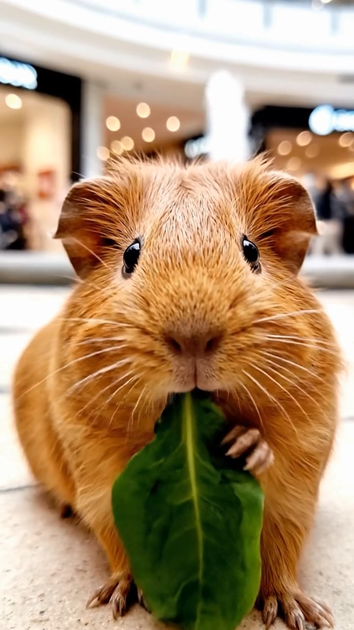 1110. Realistic depiction of 2 smooth-haired Skinny guinea pigs in orange and gray colors, chewing on cucumber slices, inside a cozy Hobbit hole burrow with round doors and earthen walls.