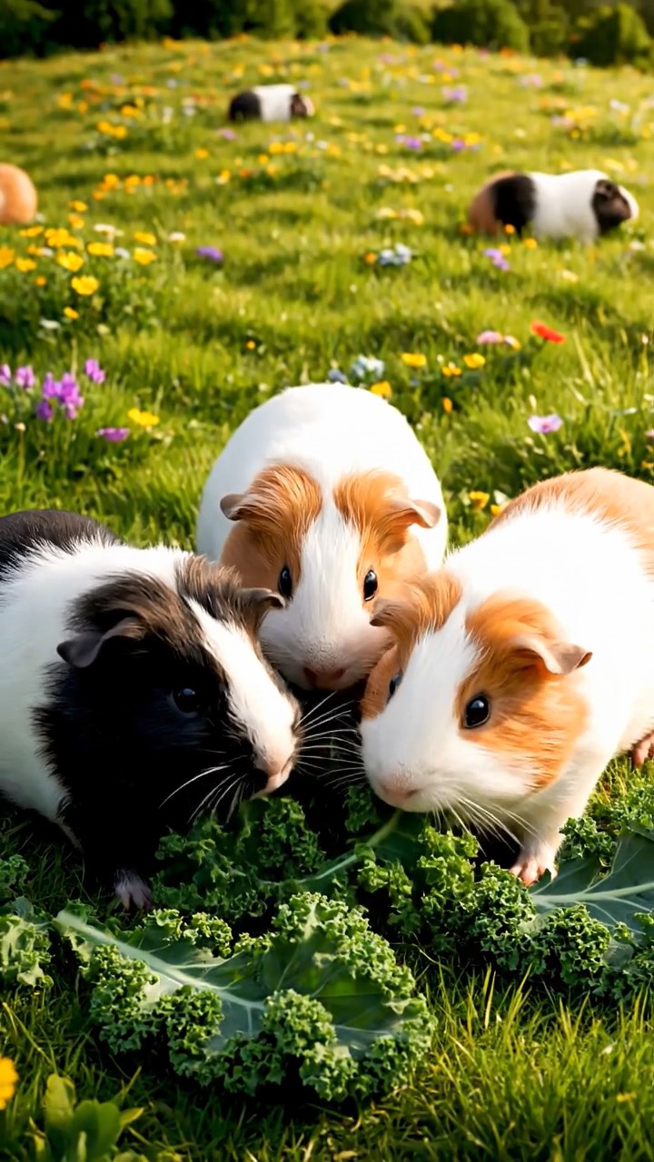 1111. Detailed realistic image of 5 smooth-haired American guinea pigs with black, brown, and cream fur, sharing pear chunks, on a Martian red rock landscape with rover tracks and craters.