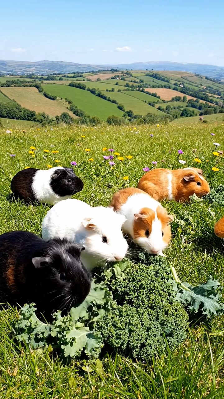 1112. Photorealistic scene of 3 smooth-haired Abyssinian guinea pigs featuring fawn, chocolate, and cinnamon coats, munching on bell pepper strips, in a enchanted fairy glen with glowing fireflies and toadstools.