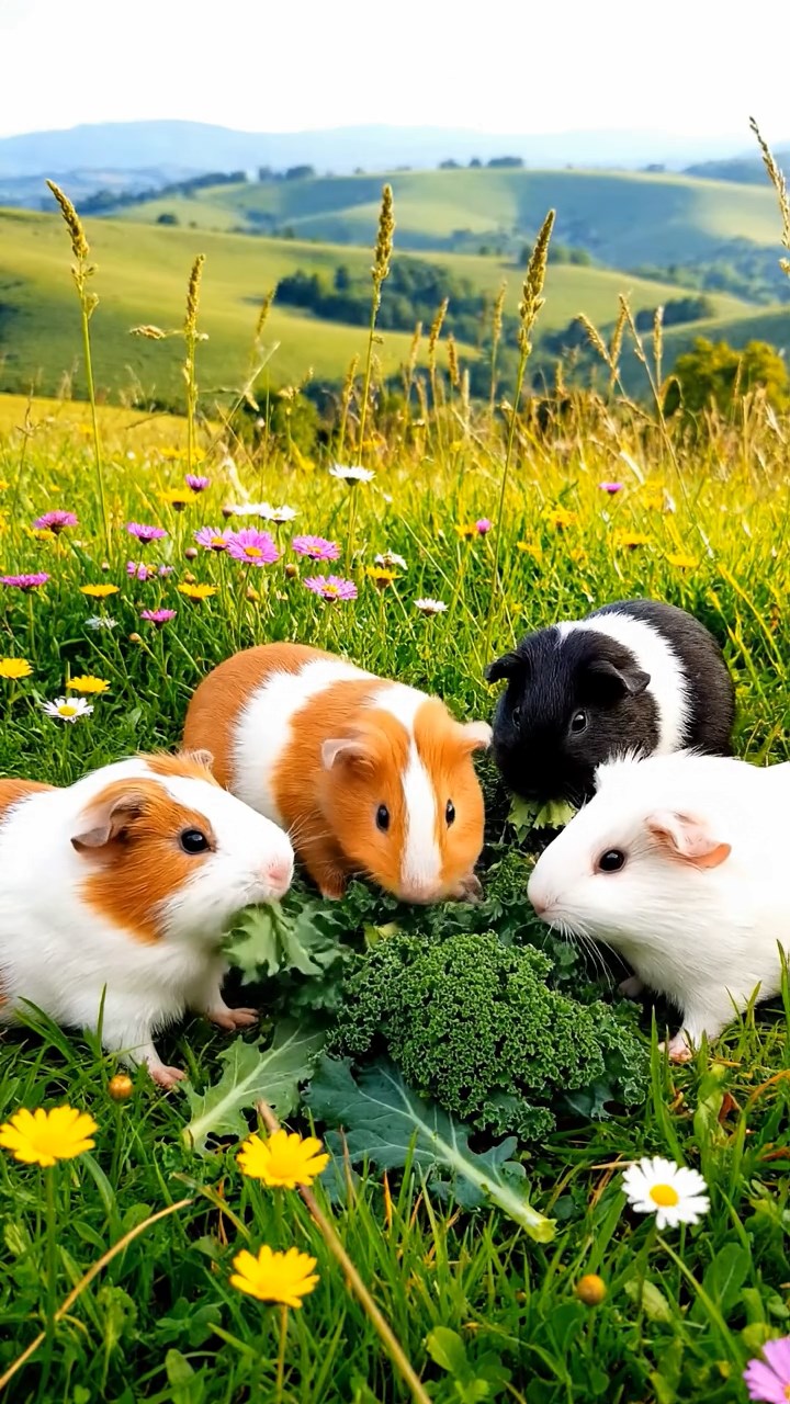 1112. Photorealistic scene of 3 smooth-haired Abyssinian guinea pigs featuring fawn, chocolate, and cinnamon coats, munching on bell pepper strips, in a enchanted fairy glen with glowing fireflies and toadstools.