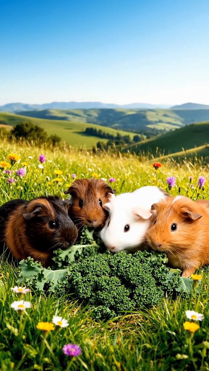 1112. Photorealistic scene of 3 smooth-haired Abyssinian guinea pigs featuring fawn, chocolate, and cinnamon coats, munching on bell pepper strips, in a enchanted fairy glen with glowing fireflies and toadstools.