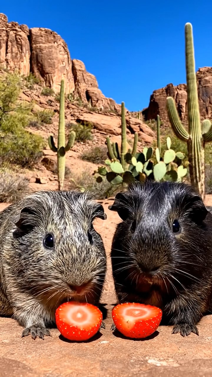 1112. Photorealistic scene of 3 smooth-haired Abyssinian guinea pigs featuring fawn, chocolate, and cinnamon coats, munching on bell pepper strips, in a enchanted fairy glen with glowing fireflies and toadstools.