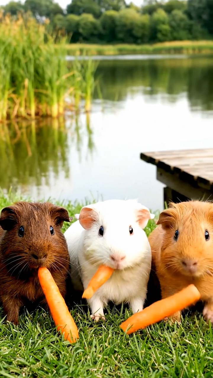 1113. Realistic photo of 1 smooth-haired Peruvian guinea pig with sable fur, eating fresh parsley, on a bustling Tokyo fish market stall with fresh seafood and neon signs.