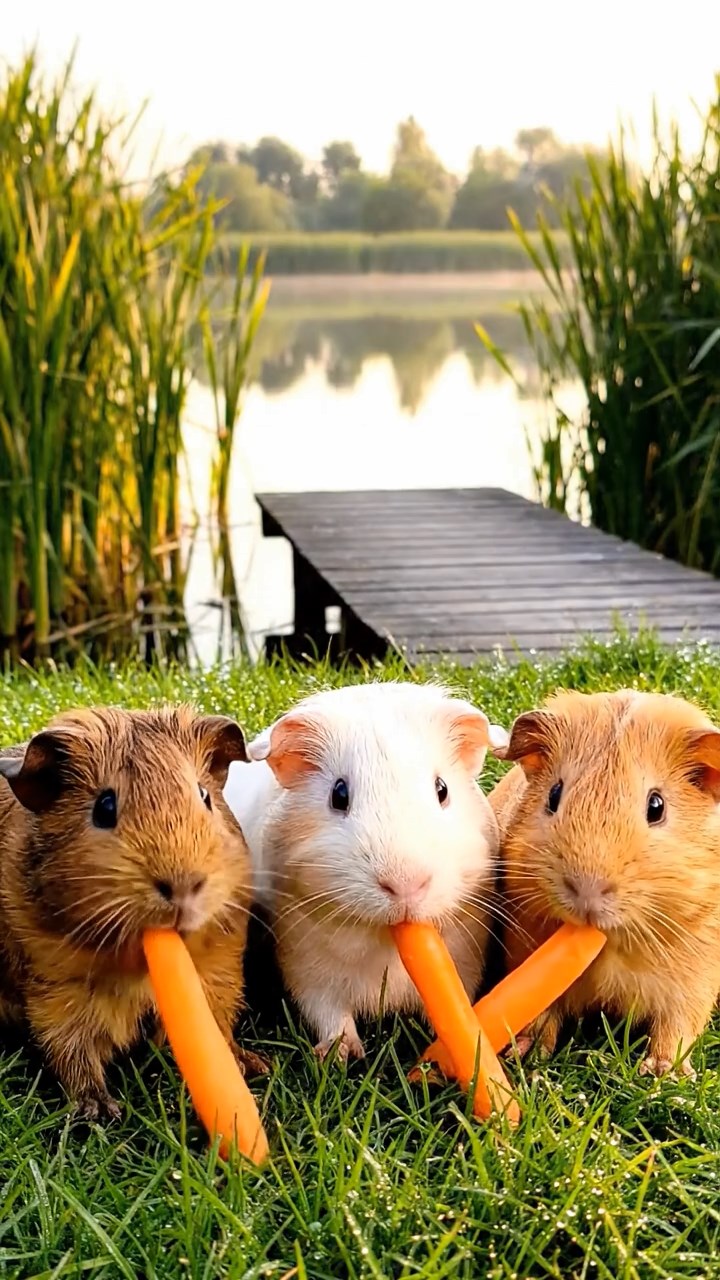 1114. Highly detailed view of 4 smooth-haired Silkie guinea pigs with white, orange, and gray fur, nibbling on kiwi fruit, in a post-apocalyptic ruined city with overgrown vines and abandoned cars.