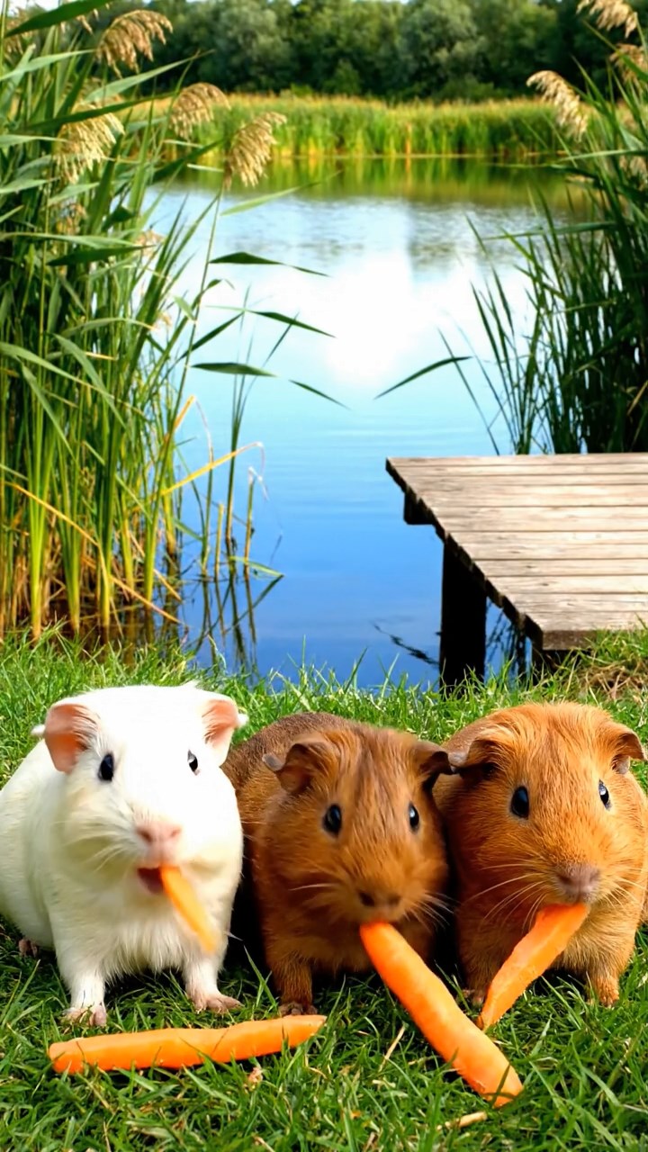 1114. Highly detailed view of 4 smooth-haired Silkie guinea pigs with white, orange, and gray fur, nibbling on kiwi fruit, in a post-apocalyptic ruined city with overgrown vines and abandoned cars.