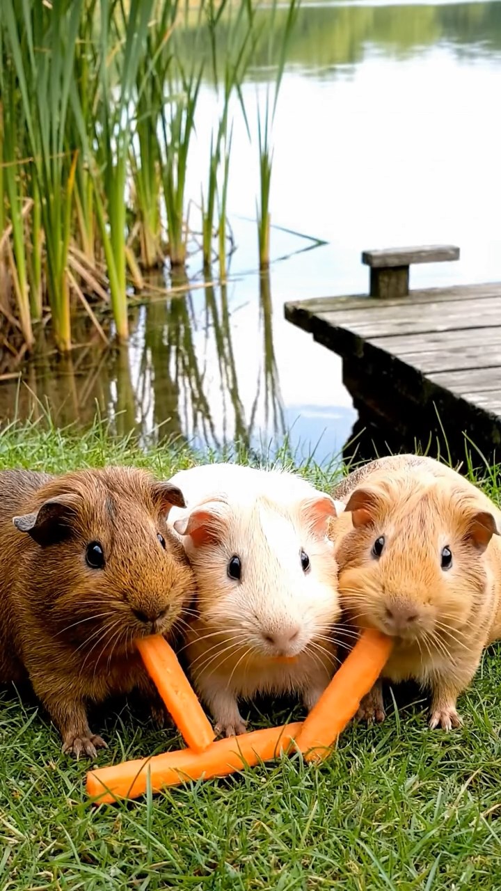 1114. Highly detailed view of 4 smooth-haired Silkie guinea pigs with white, orange, and gray fur, nibbling on kiwi fruit, in a post-apocalyptic ruined city with overgrown vines and abandoned cars.