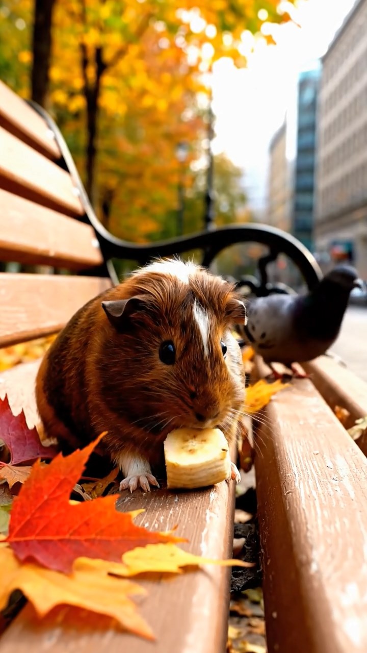 1114. Highly detailed view of 4 smooth-haired Silkie guinea pigs with white, orange, and gray fur, nibbling on kiwi fruit, in a post-apocalyptic ruined city with overgrown vines and abandoned cars.