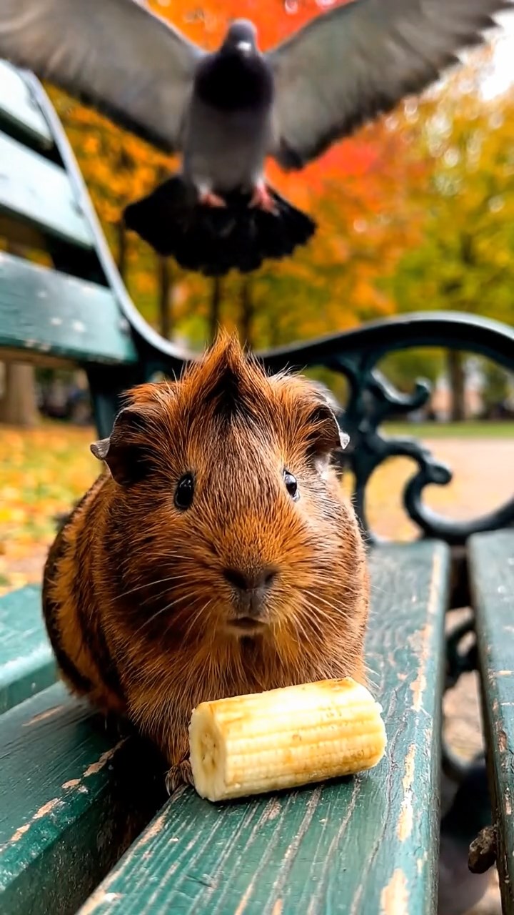 1115. Photorealistic image of 2 smooth-haired Teddy guinea pigs in black and brown colors, enjoying grape halves, by a bubbling Icelandic geyser with steam rising and rainbow mists.