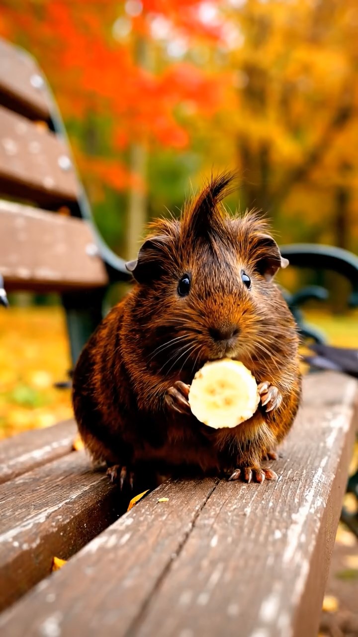1115. Photorealistic image of 2 smooth-haired Teddy guinea pigs in black and brown colors, enjoying grape halves, by a bubbling Icelandic geyser with steam rising and rainbow mists.