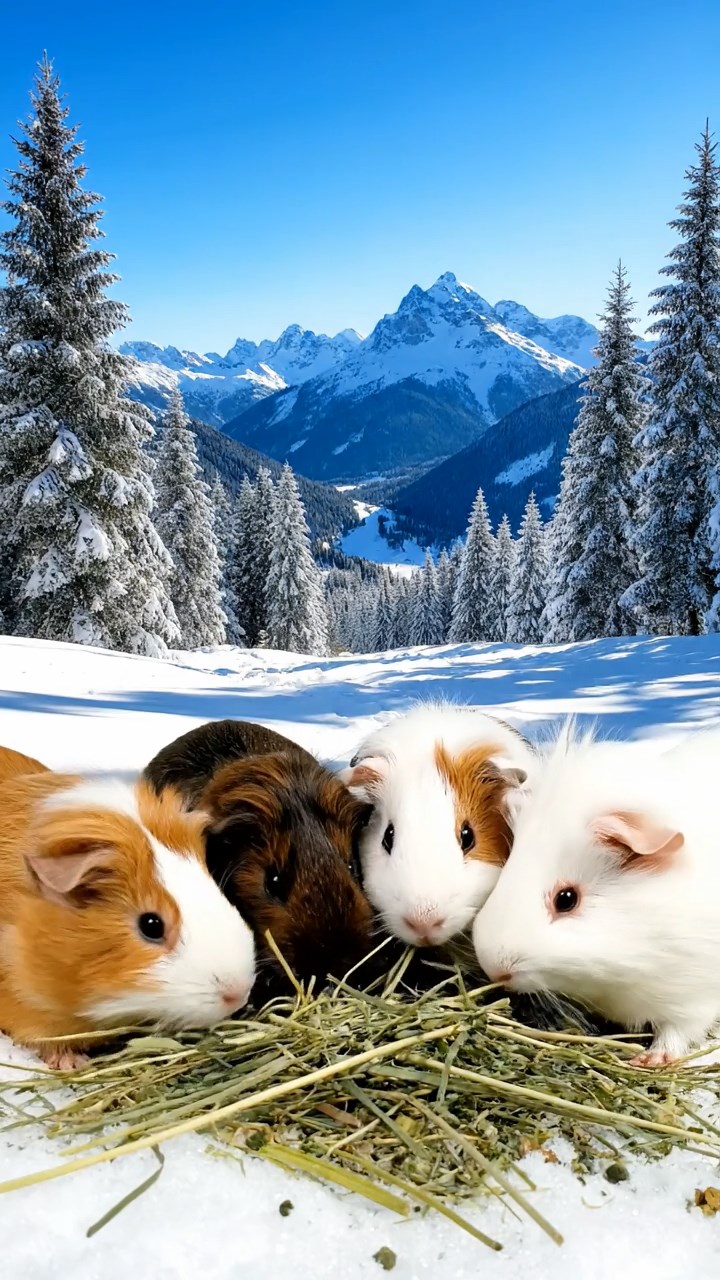 1115. Photorealistic image of 2 smooth-haired Teddy guinea pigs in black and brown colors, enjoying grape halves, by a bubbling Icelandic geyser with steam rising and rainbow mists.