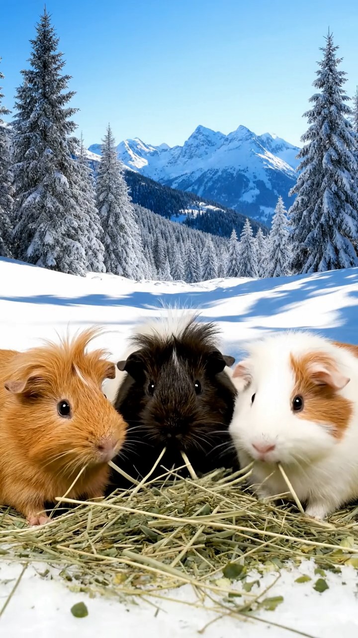 1116. Realistic depiction of 3 smooth-haired Texel guinea pigs with cream, fawn, and chocolate fur, chewing on celery stalks, in a traditional Japanese tea house with tatami mats and shoji screens.